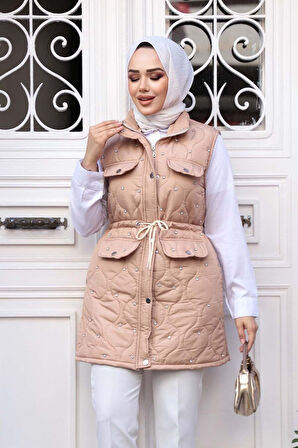 Boncuk Detaylı Bisküvi Tesettür Şişme Yelek 80321BS