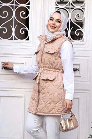 Boncuk Detaylı Bisküvi Tesettür Şişme Yelek 80321BS