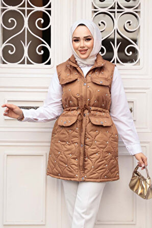 Boncuk Detaylı Taba Tesettür Şişme Yelek 80321TB