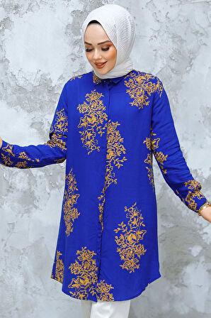 Desenli Sax Mavisi Tesettür Tunik 11720SX