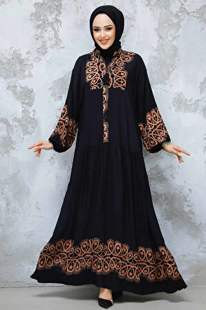 Desenli Camel Tesettür Elbise 18237C