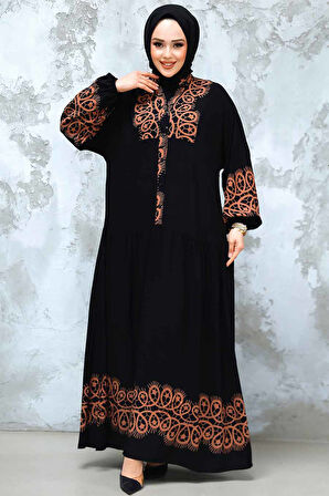 Desenli Camel Tesettür Elbise 18237C