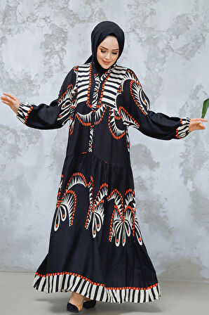 Desenli Siyah Tesettür Elbise 18238S