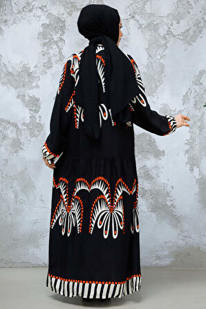 Desenli Siyah Tesettür Elbise 18238S