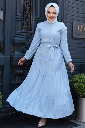 Kat Piliseli Bebek Mavisi Tesettür Elbise 22042BM