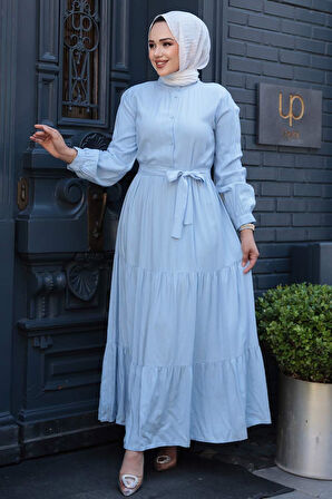 Kat Piliseli Bebek Mavisi Tesettür Elbise 22042BM