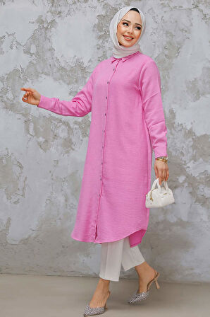 Düğmeli Pembe Tesettür Tunik 10784P