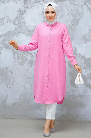 Düğmeli Pembe Tesettür Tunik 10784P