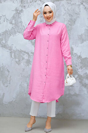 Düğmeli Pembe Tesettür Tunik 10784P