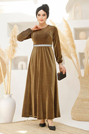 Simli Gold Tesettür Abiye Elbise 42541GOLD
