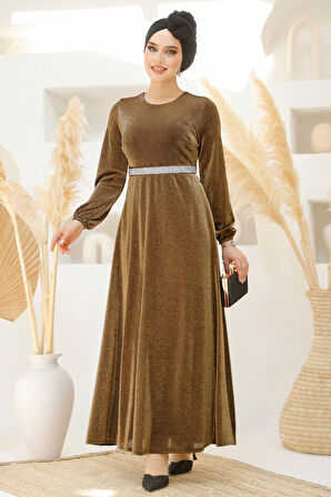 Simli Gold Tesettür Abiye Elbise 42541GOLD