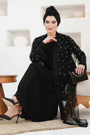 İnci İşlemeli Lacivert Tesettür Abaya Takım 42781S