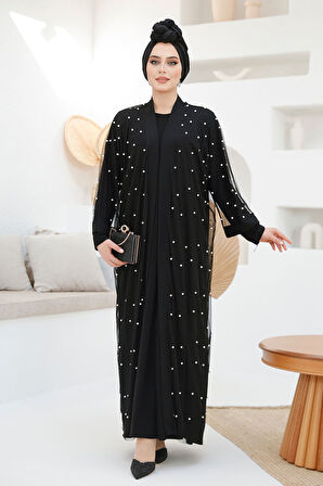 İnci İşlemeli Lacivert Tesettür Abaya Takım 42781S