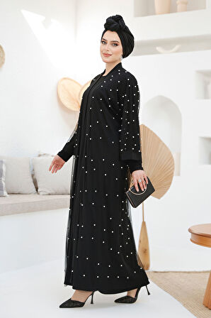 İnci İşlemeli Lacivert Tesettür Abaya Takım 42781S
