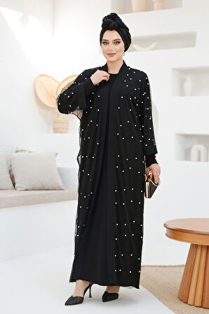 İnci İşlemeli Lacivert Tesettür Abaya Takım 42781S