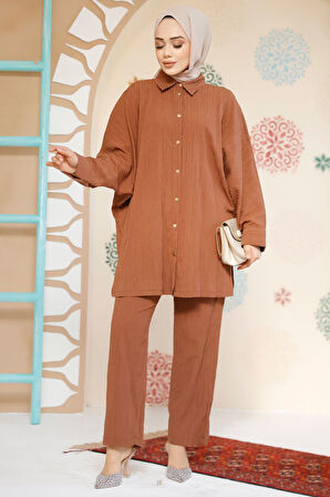 Pileli Kahverengi Tesettür İkili Takım 2817KH