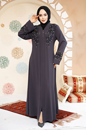 Boncuk İşlemeli Füme Tesettür Abaya 29107FU