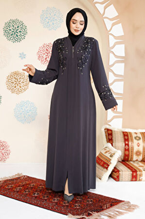 Boncuk İşlemeli Füme Tesettür Abaya 29107FU