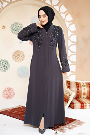 Boncuk İşlemeli Füme Tesettür Abaya 29107FU