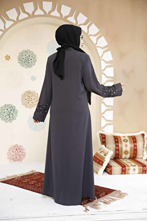 Boncuk İşlemeli Füme Tesettür Abaya 29107FU
