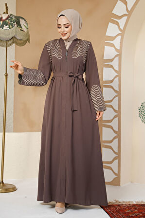 Boncuk İşlemeli Kahverengi Tesettür Abaya 29105KH