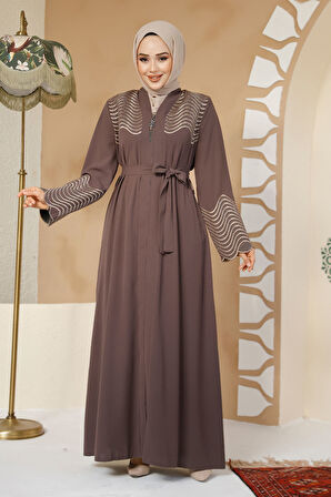 Boncuk İşlemeli Kahverengi Tesettür Abaya 29105KH