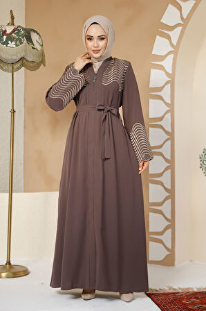 Boncuk İşlemeli Kahverengi Tesettür Abaya 29105KH