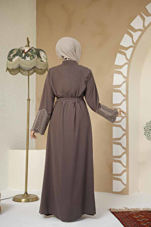 Boncuk İşlemeli Kahverengi Tesettür Abaya 29105KH