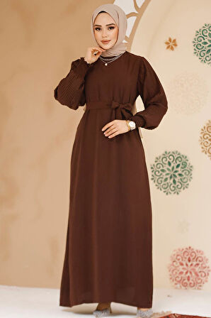 Kolları Pileli Kahverengi Tesettür Elbise 10124KH