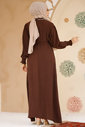 Kolları Pileli Kahverengi Tesettür Elbise 10124KH