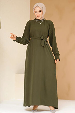 Kolları Pileli Haki Tesettür Elbise 10124HK