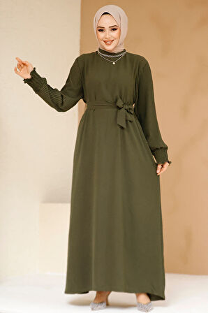 Kolları Pileli Haki Tesettür Elbise 10124HK