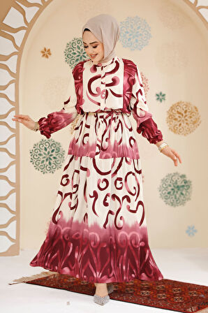 Desenli Mürdüm Siyah Tesettür Elbise 10208MU