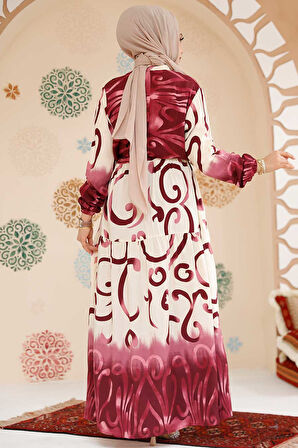 Desenli Mürdüm Siyah Tesettür Elbise 10208MU