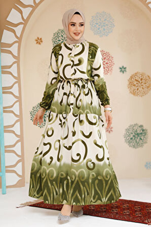 Desenli Haki Tesettür Elbise 10208HK