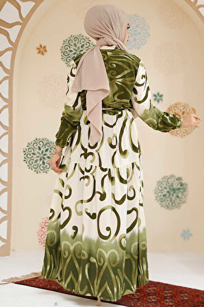 Desenli Haki Tesettür Elbise 10208HK