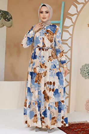 Çiçek Desenli Kahverengi Tesettür Elbise 10214KH