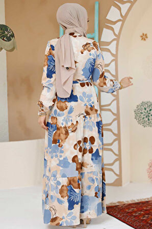 Çiçek Desenli Kahverengi Tesettür Elbise 10214KH