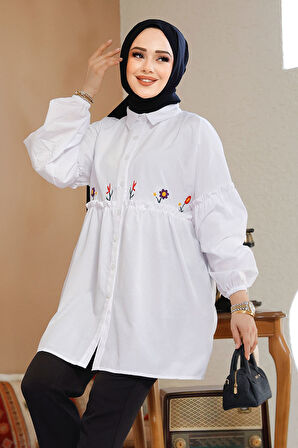 Nakış Desenli Beyaz Tesettür Tunik 40603B