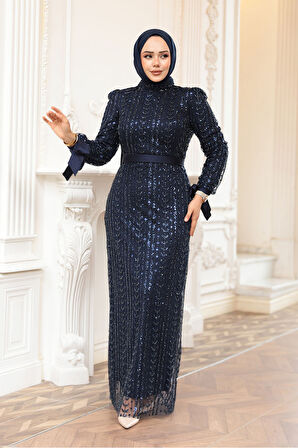Boncuk İşlemeli Lacivert Tesettür Abiye Elbise 4891L