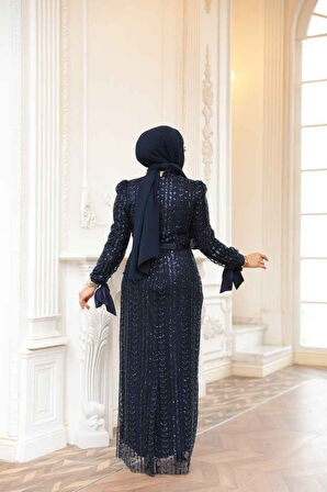 Boncuk İşlemeli Lacivert Tesettür Abiye Elbise 4891L