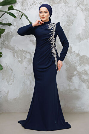 Boncuk İşlemeli Lacivert Tesettür Abiye Elbise 4964L