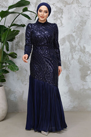 Boncuk İşlemeli Lacivert Tesettür Abiye Elbise 50261L