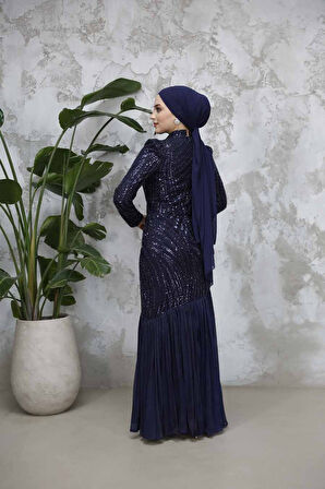 Boncuk İşlemeli Lacivert Tesettür Abiye Elbise 50261L