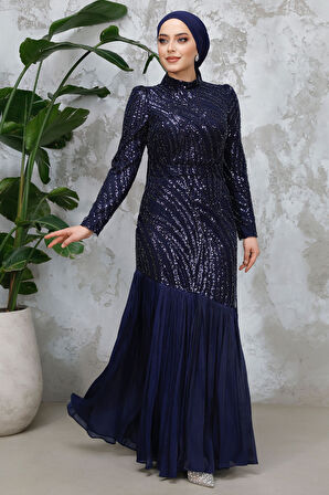 Boncuk İşlemeli Lacivert Tesettür Abiye Elbise 50261L