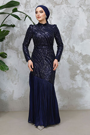 Boncuk İşlemeli Lacivert Tesettür Abiye Elbise 50261L
