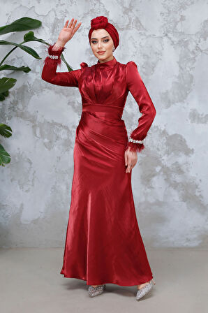 Tüy Detaylı Bordo Tesettür Abiye Elbise 50481BR