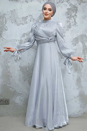 Drape Detaylı Gri Tesettür Abiye Elbise 4823GR