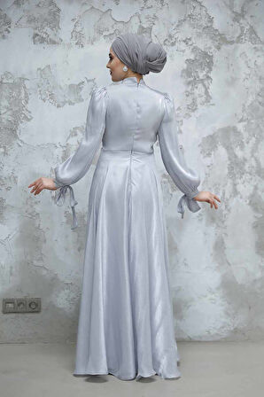 Drape Detaylı Gri Tesettür Abiye Elbise 4823GR