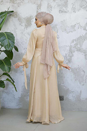 Drape Detaylı Bisküvi Tesettür Abiye Elbise 4823BS